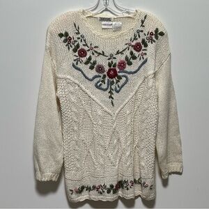 Bobbie Brooks vintage Y2K hand-knit ribbon floral embroidered cable knit sweater